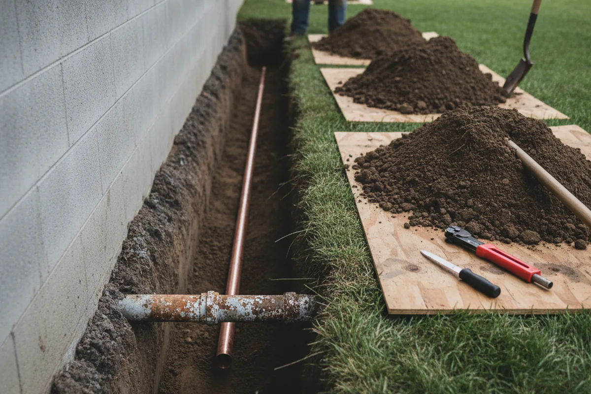 Excavated water line trench during Water Heater Repair in Boulder